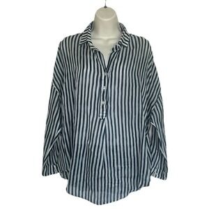 Striped Collared Button-Front Blouse - Navy & White